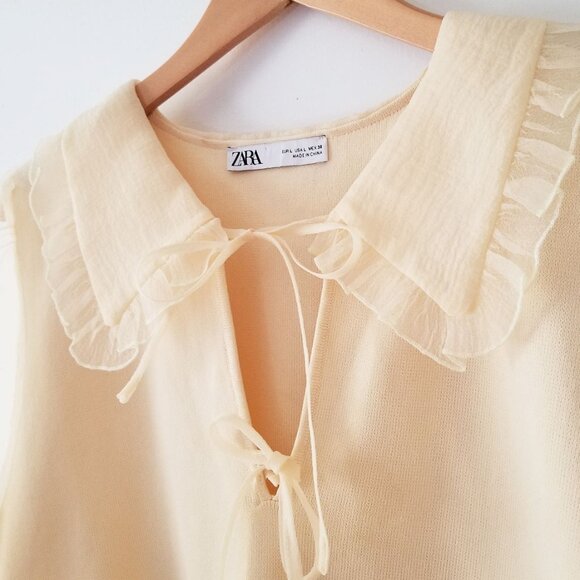 Zara Peterpan Collar Sheer Organza Combination Knit Sweater L Cream Ivory Ruffle - Picture 10 of 16